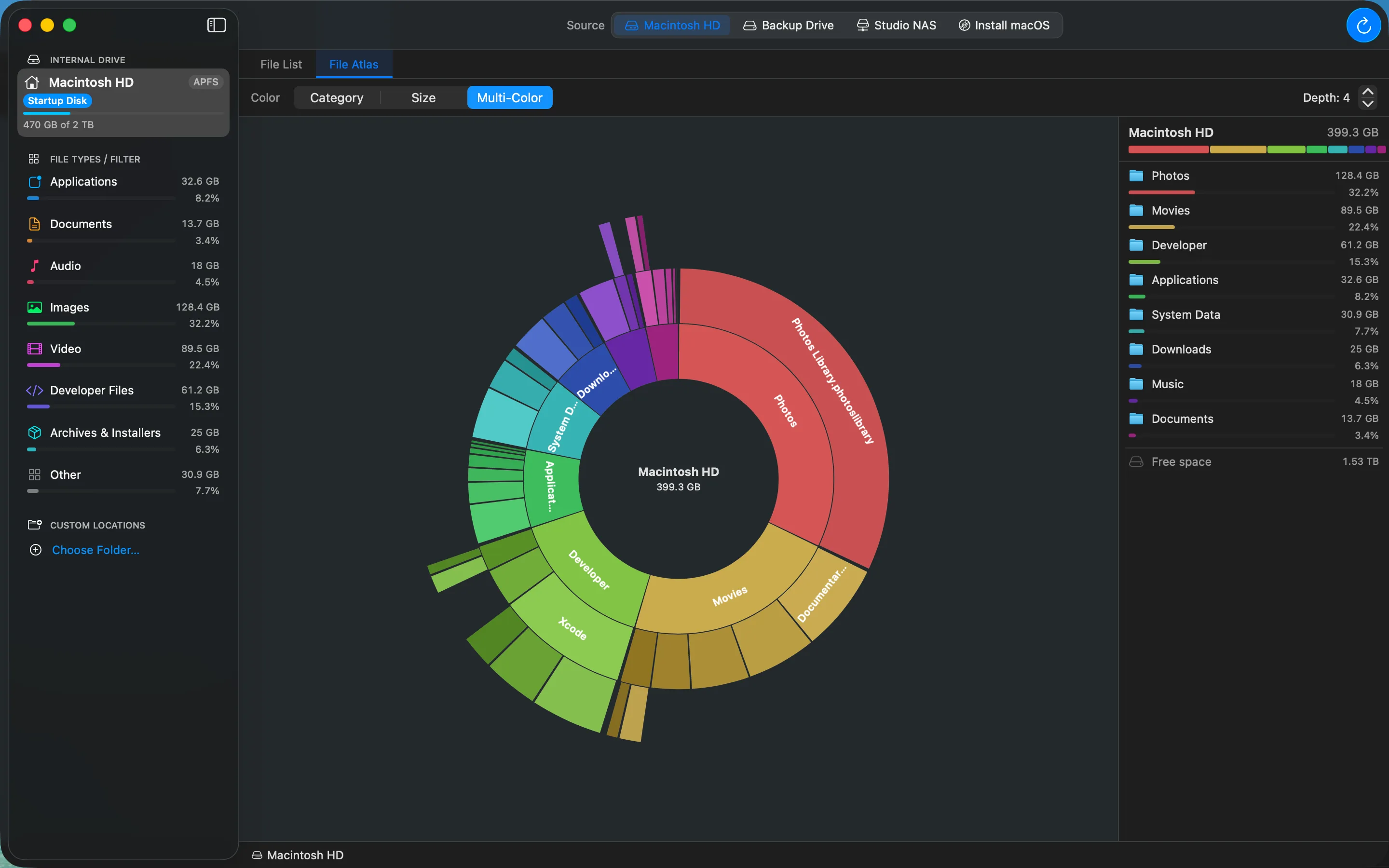 The File Atlas view: a sunburst chart of a drive with a size-ranked breakdown panel.