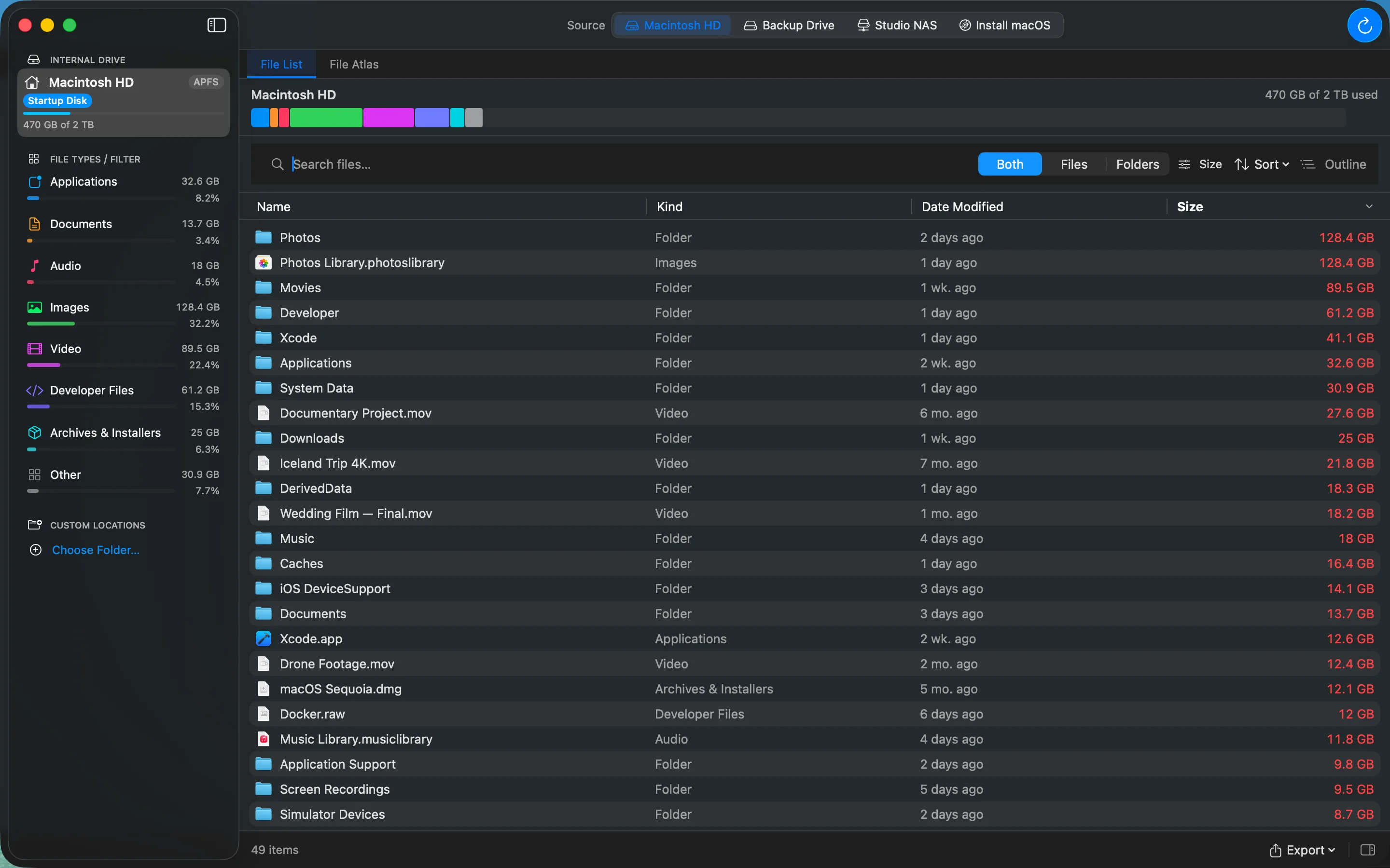 The File List view: a sortable table of files and folders ordered by size.