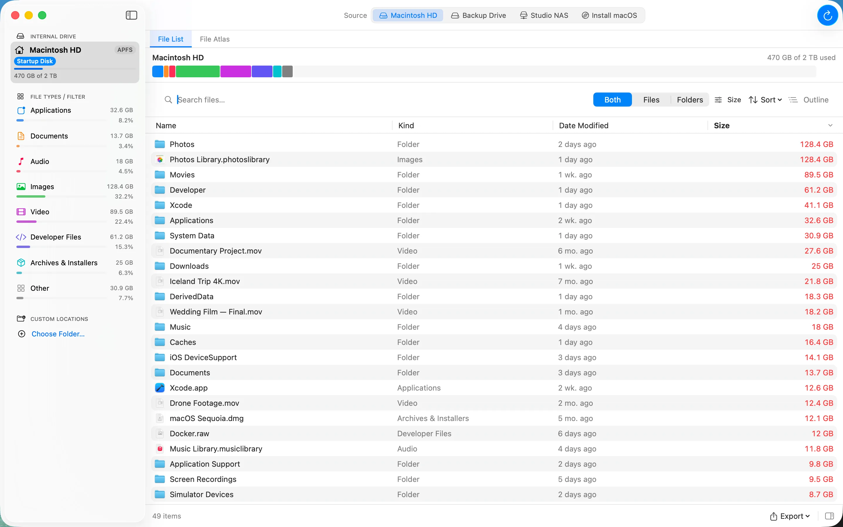 The File List view: a sortable table of files and folders ordered by size.