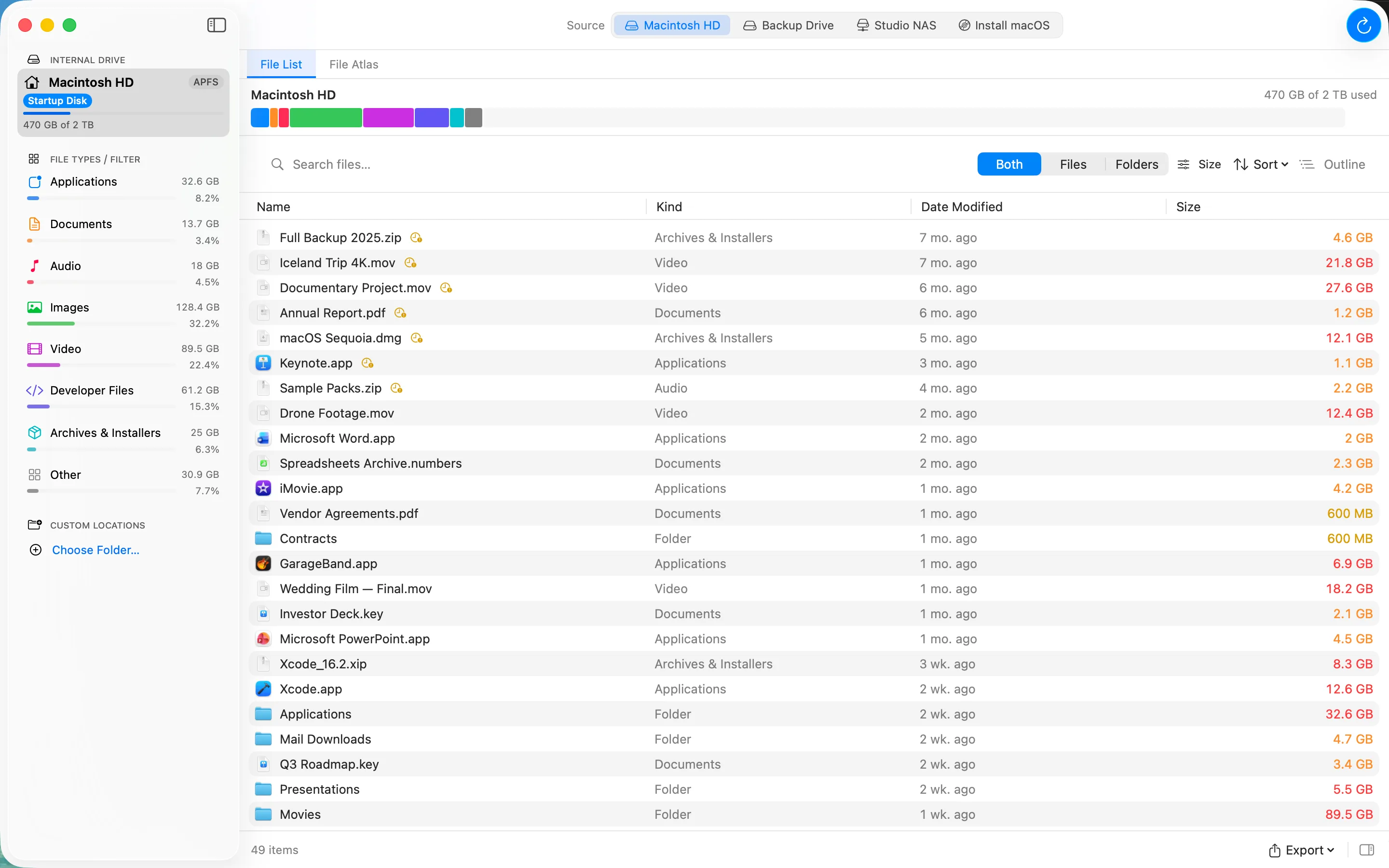 The File List with the File Aging filter on, flagging large files that have not been opened recently.