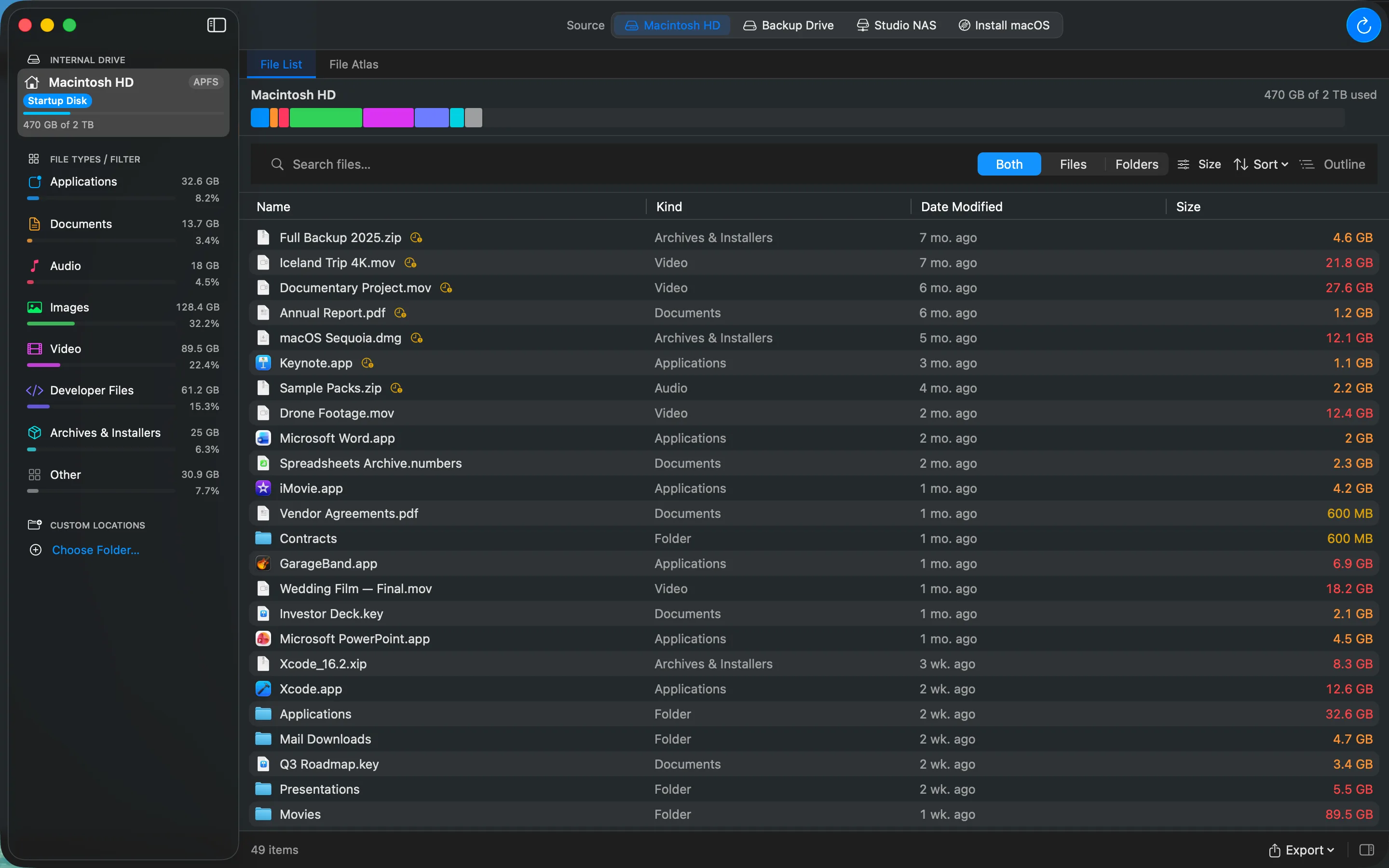 The File List with the File Aging filter on, flagging large files that have not been opened recently.